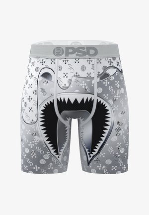 Calzoncillos bóxer negros y grises con un gráfico de tiburón, que cuentan con una cintura elástica ancha con el logo "PSD" y varios detalles pequeños con patrones.