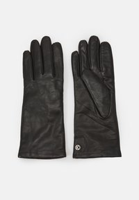 Black leather gloves with five fingers, smooth texture, tailored fit, and subtle stitching details. Features a small logo on the wrist.