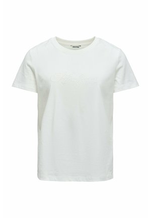 T-shirt blanc à manches courtes et col rond, avec un logo "Salsa Jeans" brodé discrètement centré sur la poitrine.
