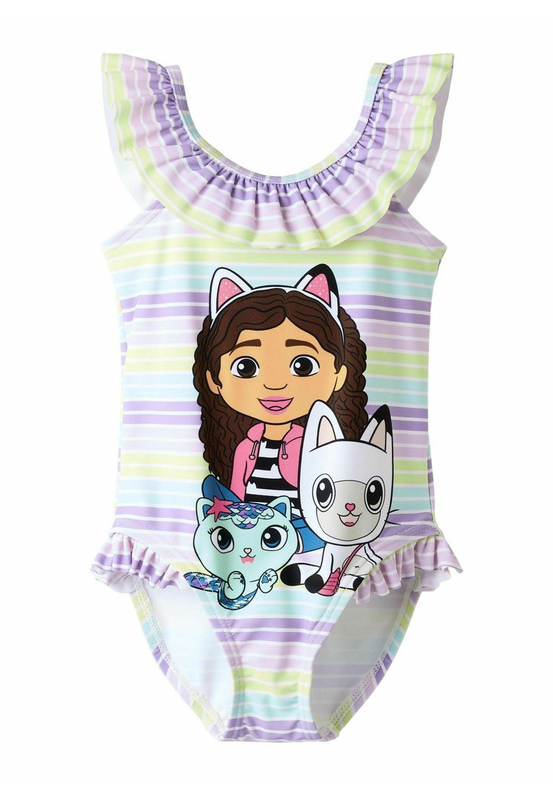 Zwemkleding met een ruches-halslijn, met een veelkleurig gestreept ontwerp. Inclusief een cartoon afbeelding van een meisje met twee dieren.
