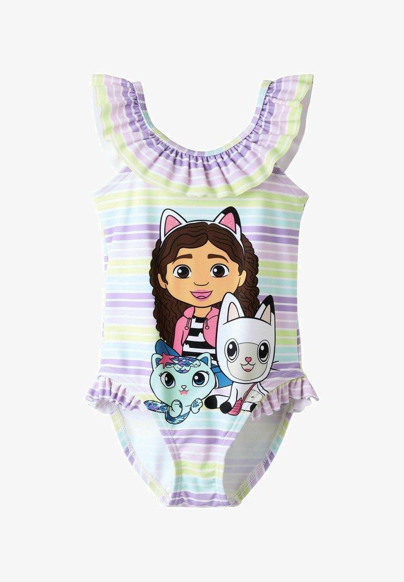 Badebekleidung mit einem Rüschenausschnitt, versehen mit einem mehrfarbigen gestreiften Design. Enthält eine Cartoon-Grafik eines Mädchens mit zwei Tieren.