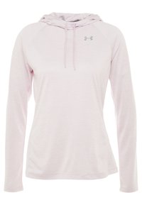 Helle rosa Langarm-Hoodie aus strukturiertem Stoff, Raglanärmeln, Kapuze mit Kordelzug und einem kleinen grauen Logo auf der oberen linken Brust.