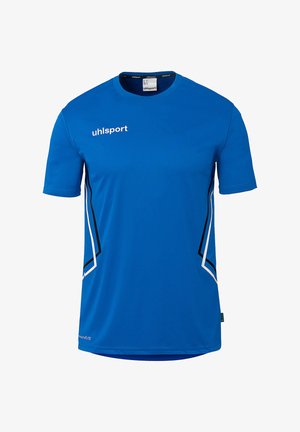Blaues Sport-T-Shirt mit kurzen Ärmeln und „uhlsport“-Logo auf der Brust sowie schwarz-weißen diagonalen Streifen an den Seiten.