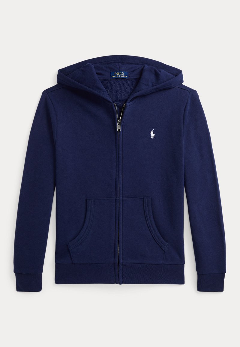 Navy blue zip-up hoodie made of soft cotton blend, featuring a front zipper, two side pockets, and a white embroidered logo on the chest.