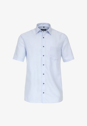 Himmelblaues kurzärmliges Hemd mit Knopfleiste und dezentem Karomuster, mit einer Tasche und dunklen Knöpfen, aus gewebtem Stoff.