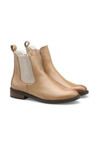 Tan leather ankle boots with elastic side panels, rounded toe, and pull tabs for easy wear. Wood-accented heel. Smooth texture.