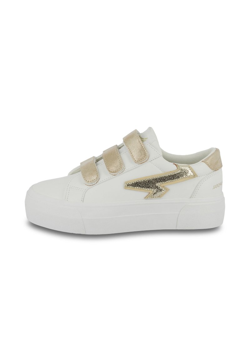 Sneakers platform bianchi con accenti dorati, dotati di tre cinturini a strappo, un design testurizzato a forma di fulmine e materiale sintetico morbido.