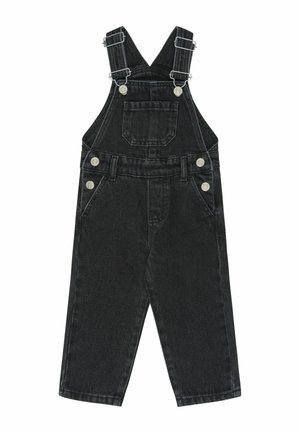 Salopette en denim noir pour enfants avec bretelles réglables, poche poitrine avant, boutons latéraux et deux poches sur les hanches.