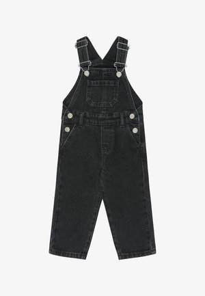 Salopette en denim noir pour enfants avec bretelles réglables, poche poitrine avant, boutons latéraux et deux poches sur les hanches.