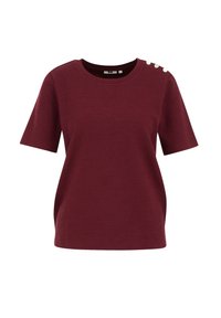 Bordeaux-farbenes T-Shirt mit kurzen Ärmeln aus strukturiertem Stoff, rundem Ausschnitt und drei dekorativen Knöpfen auf der Schulter.