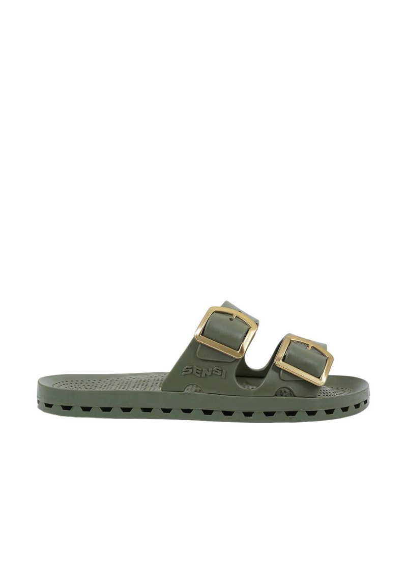Groene synthetische slip-on sandaal met twee verstelbare gouden gespen. Beschikt over een textuur voetbed en een stevige zool voor grip. Logo zichtbaar op de band.