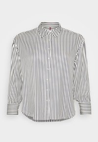 Krageskjorte med horisontale og vertikale marineblå og hvite striper, med knappefront og lett buet kant.