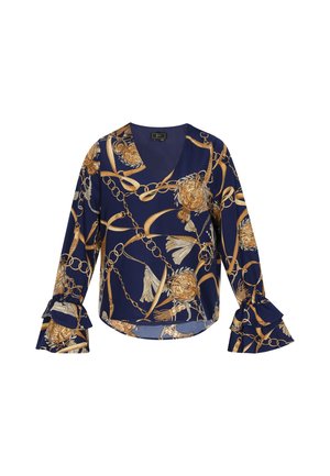 Marineblauwe blouse met een goudkleurig bloemen- en kettingpatroon, een v-hals ontwerp en geplooide klokmouwen. De satijnachtige textuur verhoogt de visuele aantrekkingskracht.
