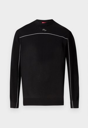 Must ülipikkade varrukatega kootud kampsun valge ääristusega rinna ja varrukate kohal, soonilised mansetid ja ääris ning väike ovaalne logo krae all.