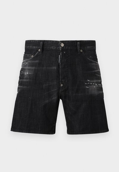 Μαύρα τζιν σορτς με εμπρόσθιο κούμπωμα με κουμπί και φερμουάρ, δύο εμπρόσθιες τσέπες, διακριτικές φθορές και θηλιές για ζώνη.