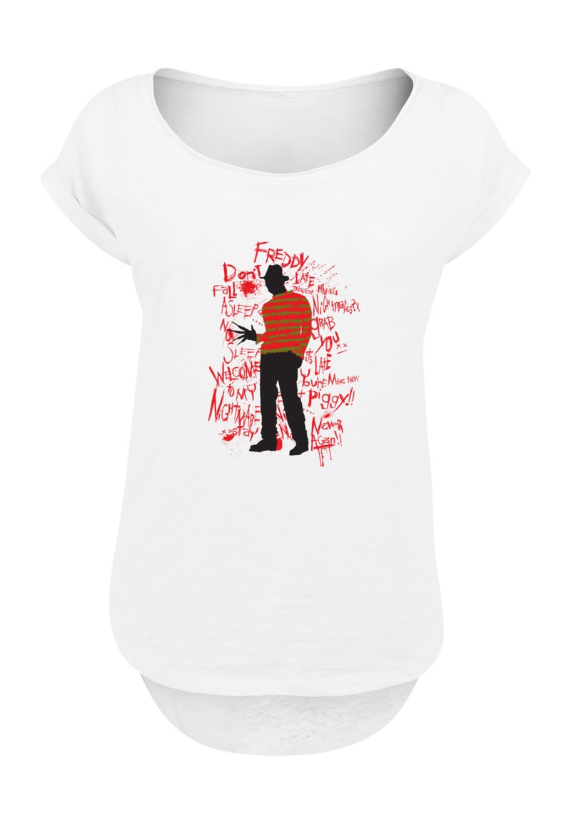White short-sleeve top featuring a graphic of a character in red and black stripes, with text elements in various fonts and red accents.