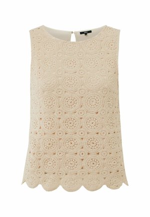 Haut sans manches beige avec une texture en dentelle, présentant des motifs circulaires, un ourlet festonné et un petit détail en forme de clé à l'arrière.