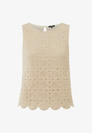 Top senza maniche beige con texture in pizzo, caratterizzato da motivi circolari, orlo a onda e un piccolo dettaglio a chiave sul retro.