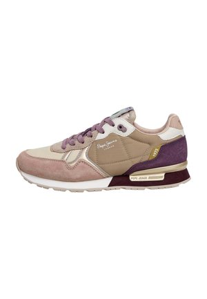 Beige, mauve und violetter Pepe Jeans Sneaker mit Wildlederakzenten, markanten Details und Schnürdesign, von der Außenseite gezeigt.