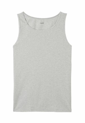 Szary bezrękawnik wykonany z miękkiego materiału, z okrągłym dekoltem i prostym, prostym krojem bez wzorów czy akcentów.