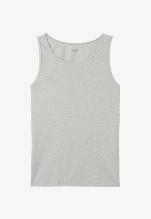 Szary bezrękawnik wykonany z miękkiego materiału, z okrągłym dekoltem i prostym, prostym krojem bez wzorów czy akcentów.