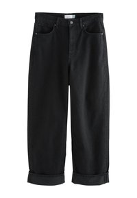 Jeans in denim nero con design a gamba dritta, risvolti arrotolati, tasche frontali e chiusura con bottoni. Texture liscia e vestibilità classica.