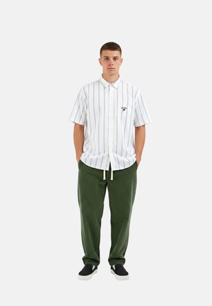Jonge man draagt een wit overhemd met korte mouwen en blauwe strepen, donker groene broek en zwarte instapschoenen, staand met handen in de zakken.