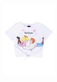T-shirt bianco a maniche corte con un grafico frontale di due personaggi dei cartoni animati sdraiati, con il testo "Migliori amici" sopra di loro. Dettaglio con nodo al centro.