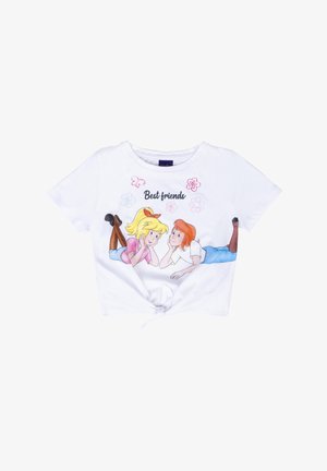 T-shirt bianco a maniche corte con un grafico frontale di due personaggi dei cartoni animati sdraiati, con il testo "Migliori amici" sopra di loro. Dettaglio con nodo al centro.