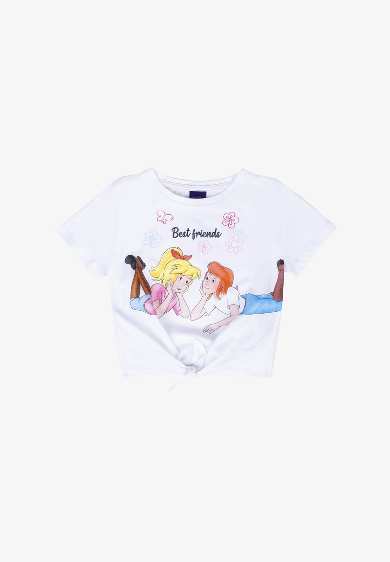 T-shirt bianco a maniche corte con un grafico frontale di due personaggi dei cartoni animati sdraiati, con il testo "Migliori amici" sopra di loro. Dettaglio con nodo al centro.