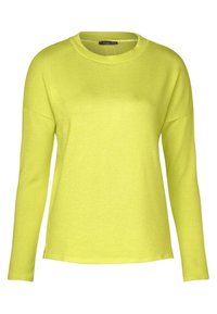 Ljust gult långärmat tröja, mjuk textur, rund halsringning, avslappnad passform, sömlösa axlar och en rak fåll.