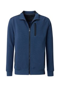 Giacca a zip blu navy in tessuto testurizzato, con colletto alto, tasca sul petto e dettagli neri sulle spalle e ai lati.