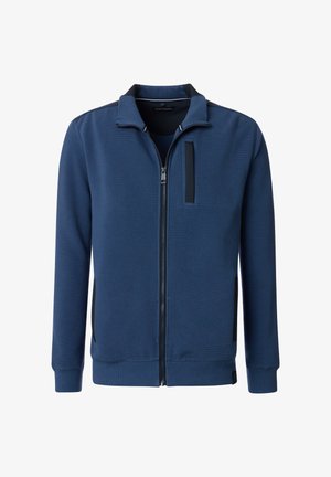 Granatowa bluza rozpinana z fakturowanej tkaniny, z stójką, kieszenią na piersi oraz czarnymi akcentami na ramionach i bokach.