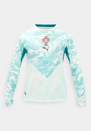 Long-sleeve light blue and white sports jersey with abstract wave pattern, Portugal football crest, and Puma logo on the chest.
