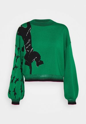 Grüner, kürzer geschnittener Pullover mit langen Puffärmeln, Grafik einer schwarzen Kletterfigur und schwarzem Muster von Kletterern; strukturierter, gerippter Ausschnitt.