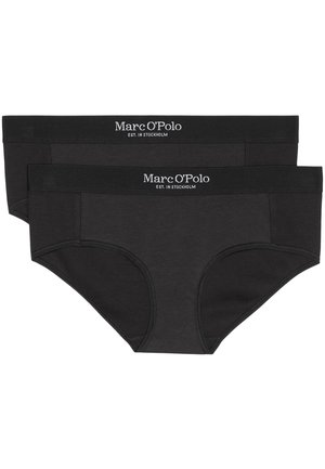 Zwei Paare schwarze Baumwollslips mit elastischem Bund, versehen mit dem "Marc O'Polo"-Logo in Weiß. Klassisches Design mit einer glatten Textur.