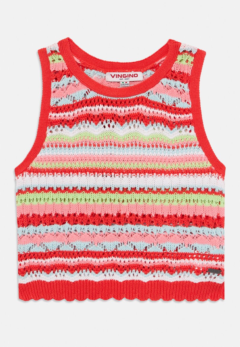 Red, sleeveless knit crop top featuring horizontal stripes in pink, green, and blue. Scalloped hem and open weave pattern add texture.