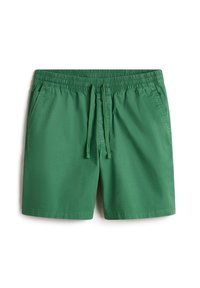Shorts décontractés verts avec taille élastique, cordon de serrage ajustable et poches latérales, posés à plat sur un fond blanc.