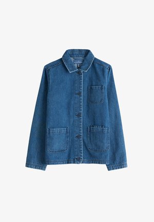 Denim jacket in dark blue with a collar, front button closure, two patch pockets, and visible stitching details. Smooth texture.