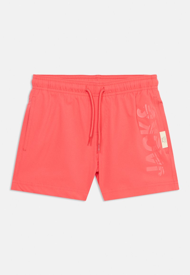 Koralowo-różowe męskie kąpielówki z elastycznym pasem, sznurkiem do regulacji, bocznymi kieszeniami oraz subtelnym nadrukiem logo na prawej nogawce.