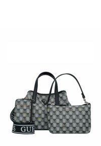 Trois sacs dans un motif géométrique ; le sac principal est noir avec des accents gris et blancs, doté de sangles en cuir. Comprend une petite pochette et une sangle réglable.