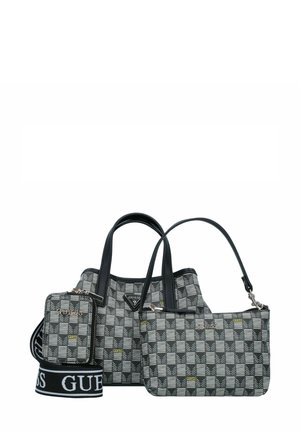 Drie tassen in een geometrisch patroon; de hoofdtas is zwart met grijze en witte accenten en heeft leren hengsels. Inclusief een kleinere tas en een verstelbare schouderband.