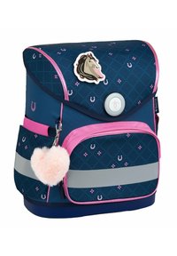 Blue backpack with pink accents, diamond pattern, reflective strips, and a fluffy pink pom-pom. Features a horse motif on the flap.