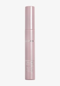 Vaaleanpunainen sylinterimäinen ripsiväriputki, jossa on matta pinta, ja hopeinen teksti, joka lukee "Essential Volume Mascara" sekä tuotetiedot.
