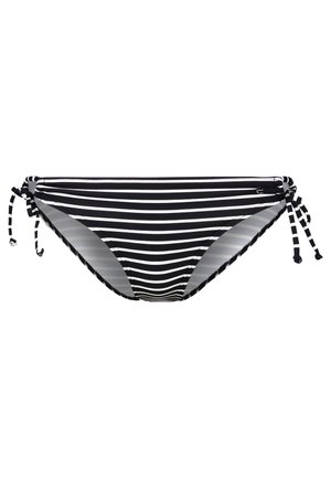 Sorte og hvite stripete bikini-bunn med justerbare bånd på hver side, med en glatt tekstur og lavt liv.