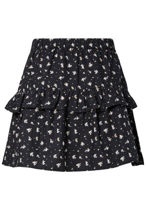 Mustad seeliku elastse vöökohaga, väikese valge ja helesinise lillemustriga ning volangidega vöökoha ümber.