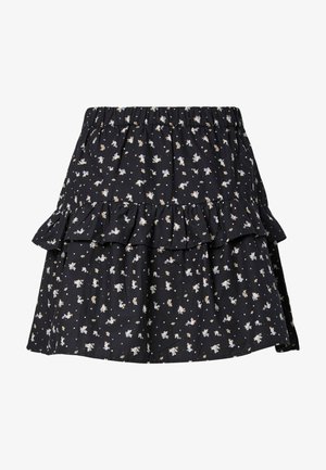 Mustad seeliku elastse vöökohaga, väikese valge ja helesinise lillemustriga ning volangidega vöökoha ümber.