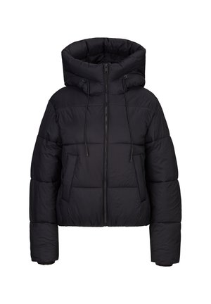 Schwarze Daunenjacke mit kurzem Schnitt, ausgestattet mit einem hohen Kragen, Reißverschluss und zwei seitlichen Taschen; glatte, gesteppten Textur.