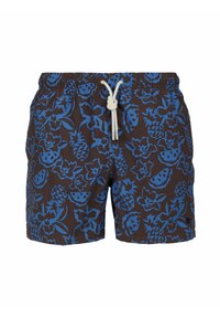 Costumi da bagno marroni con stampa floreale tropicale blu e ananas, dotati di un elastico in vita con lacci bianchi e punte in metallo.