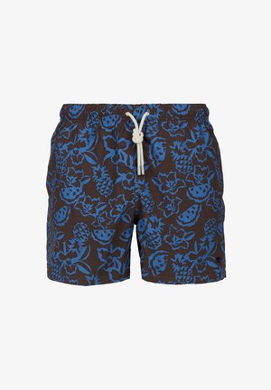 Costumi da bagno marroni con stampa floreale tropicale blu e ananas, dotati di un elastico in vita con lacci bianchi e punte in metallo.